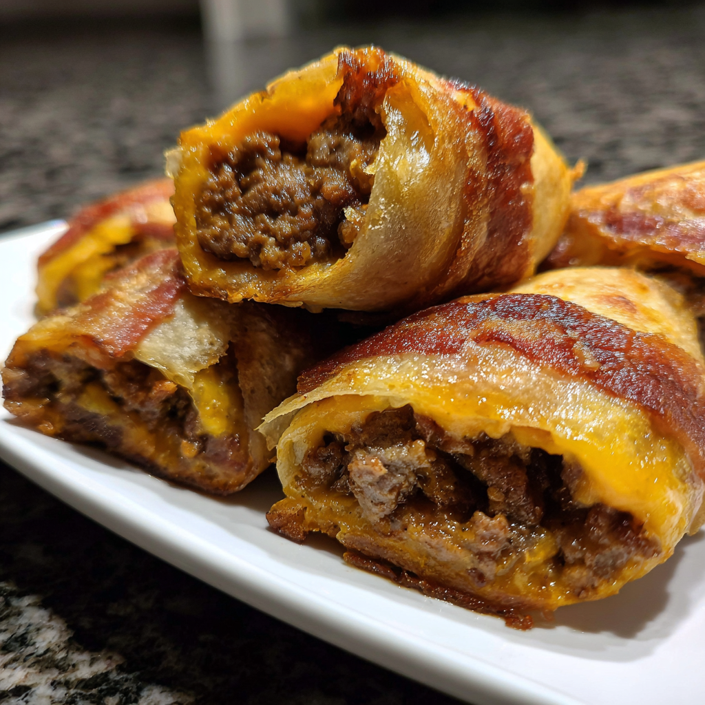 A plate of bacon wrapped meat.