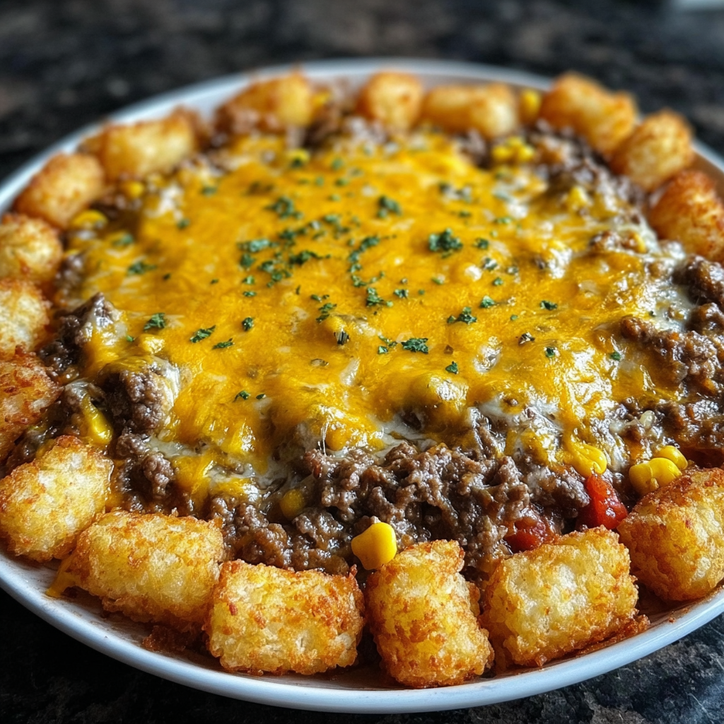 A plate of food with a cheese and corn topping.