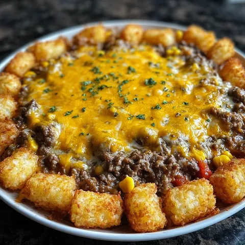 A plate of food with a cheese and corn topping.