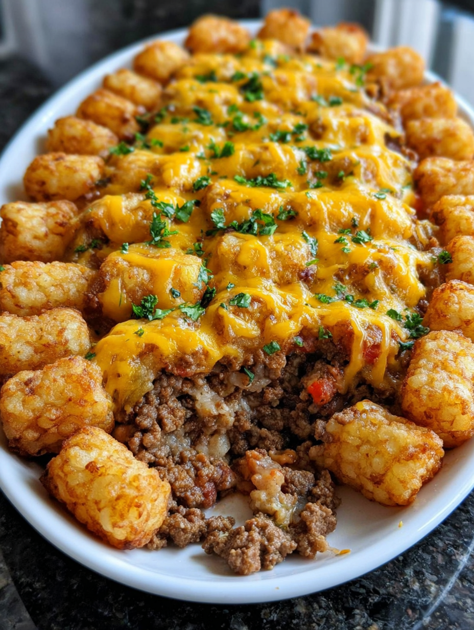 A plate of food with tater tots and meat.