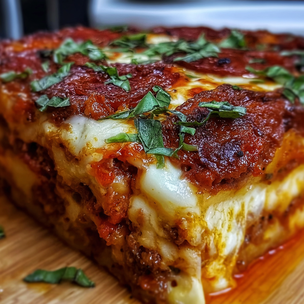 A close up of a lasagna on a wooden table.