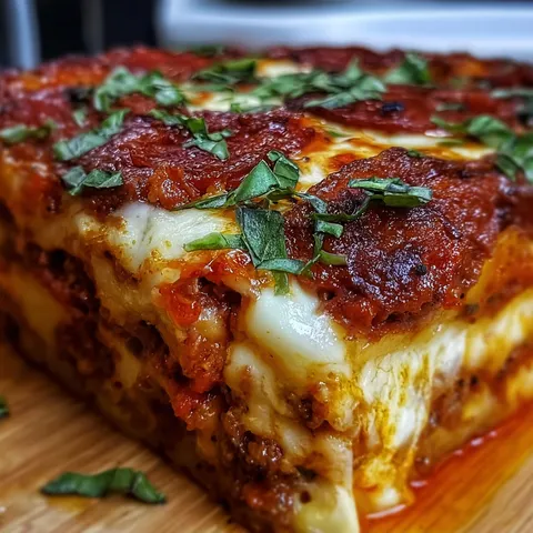 A close up of a lasagna on a wooden table.