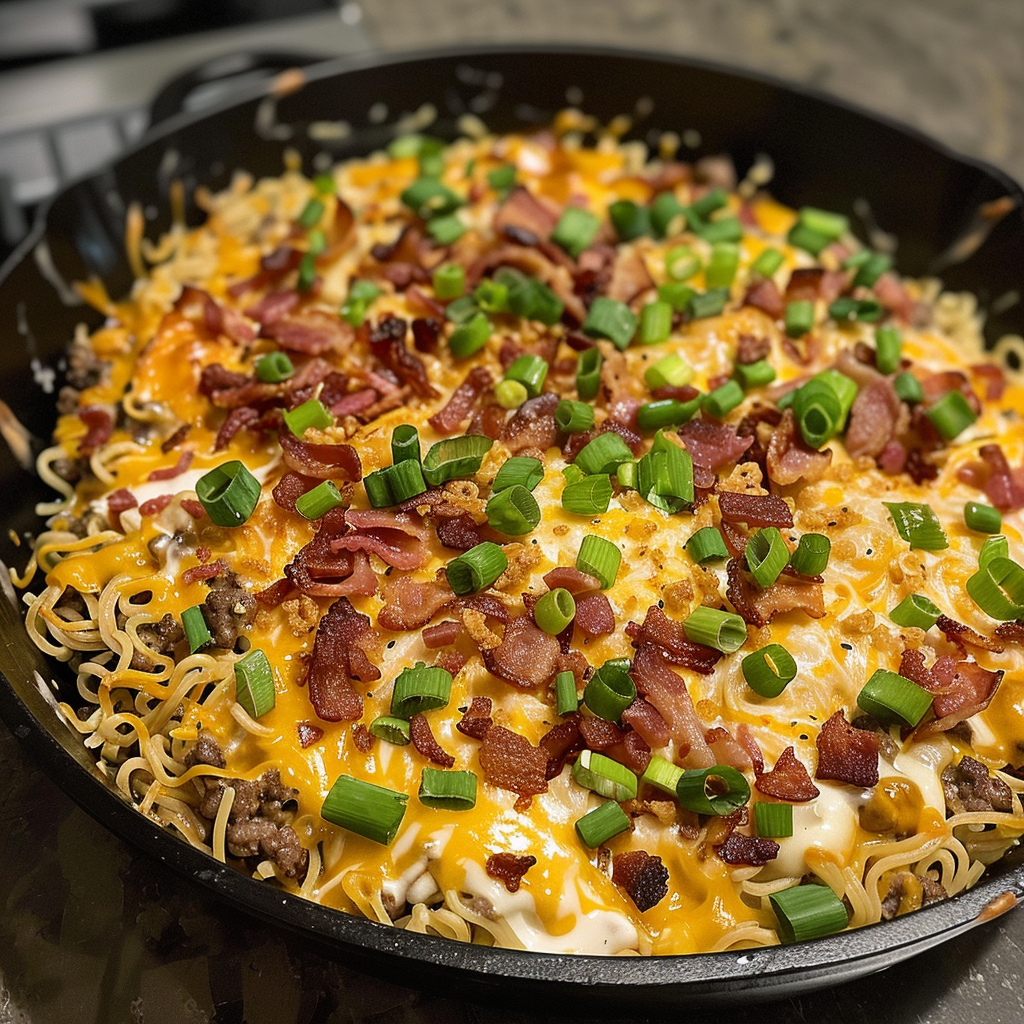 A pan of food with bacon and cheese.