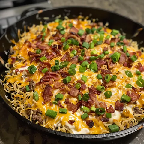 A pan of food with bacon and cheese.