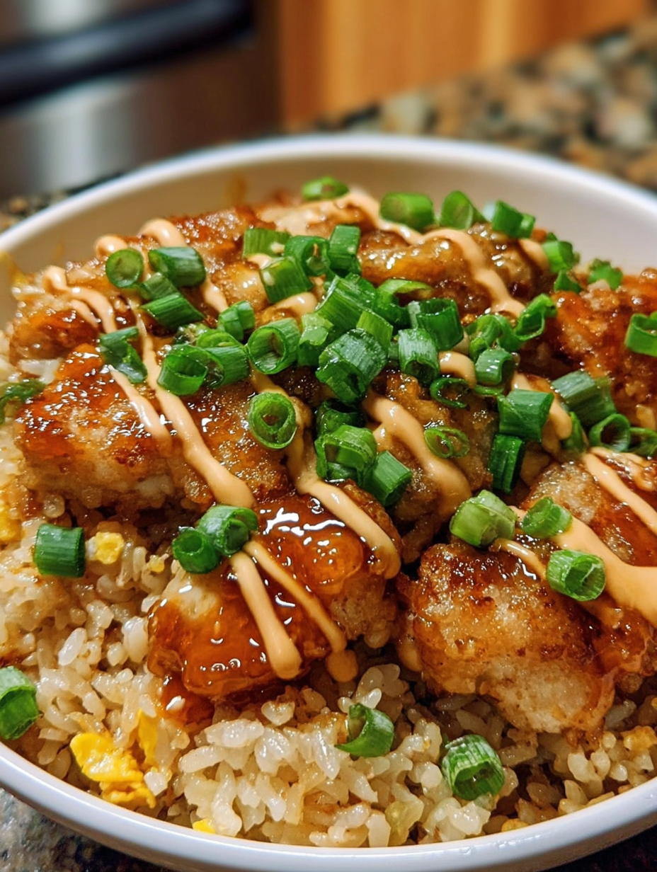 A bowl of rice with chicken and vegetables.