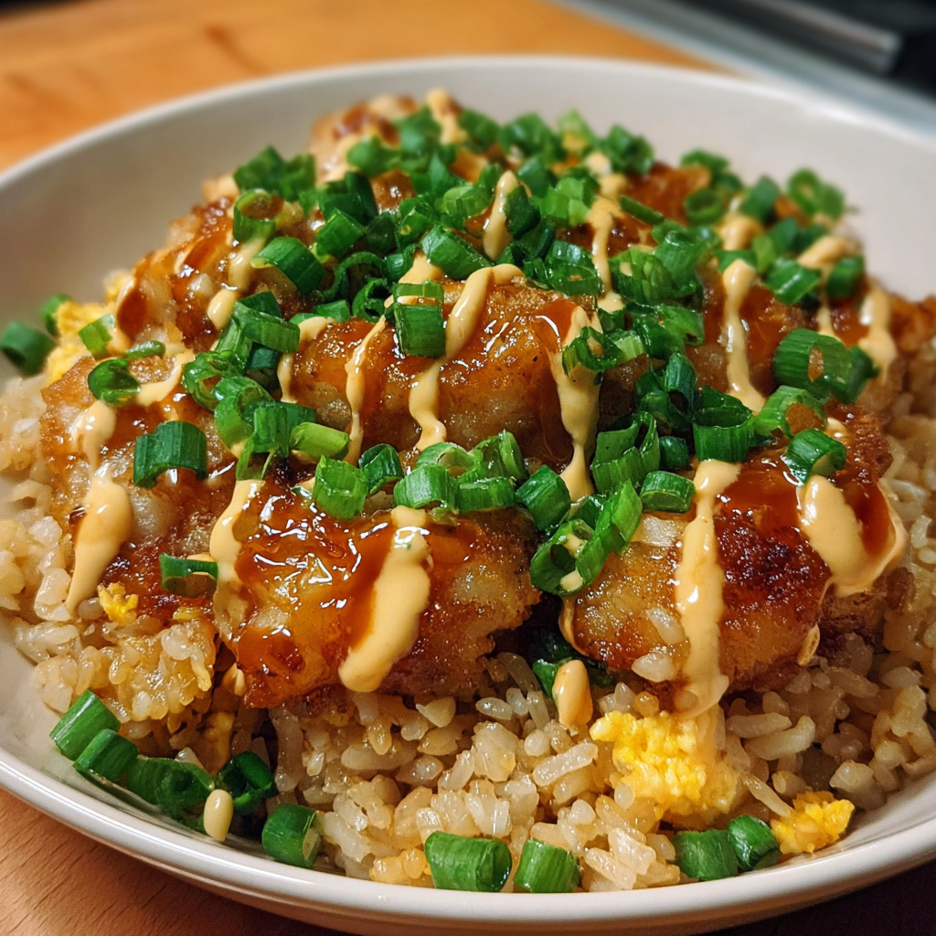 A bowl of rice with chicken and vegetables.
