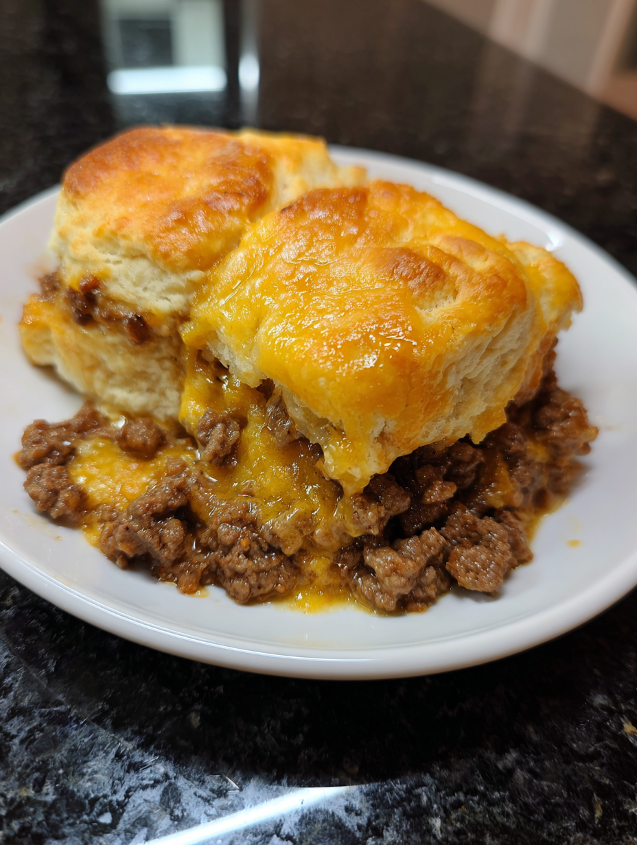 A plate of food with a biscuit and meat on top.