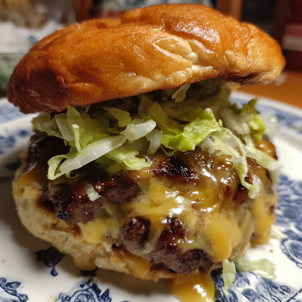 A burger with lettuce and cheese on a plate.