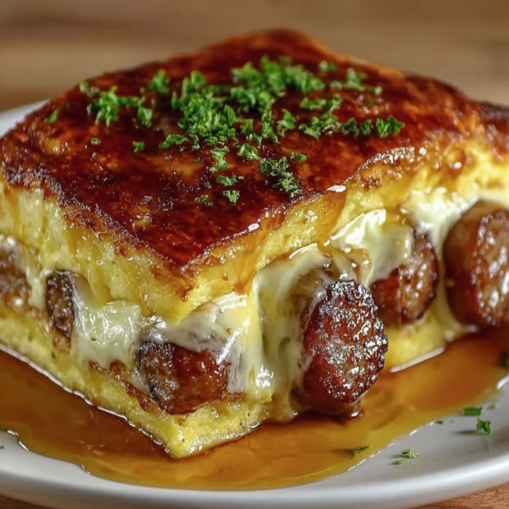 A plate of food with a cheese and sausage omelette.