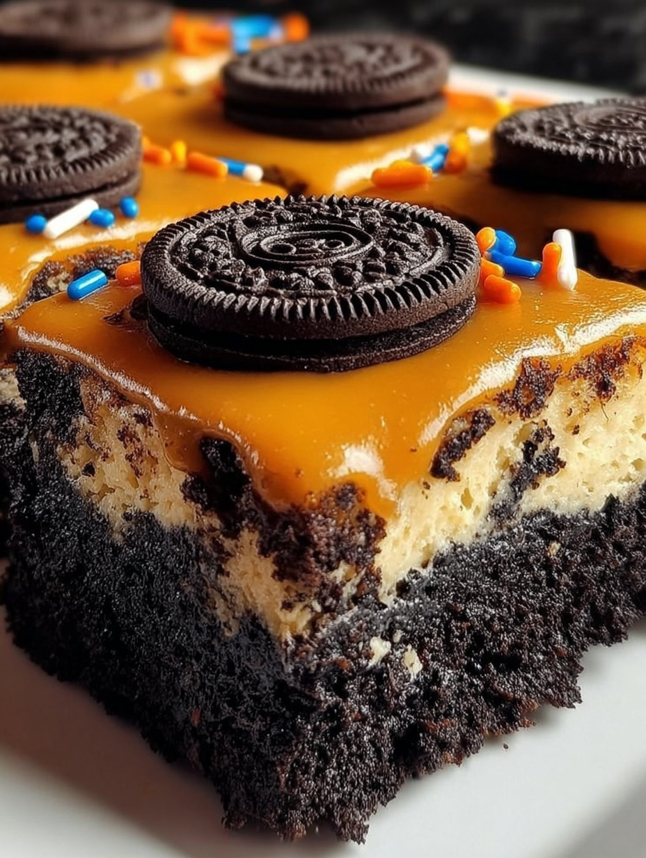 A slice of cake with chocolate and orange frosting.