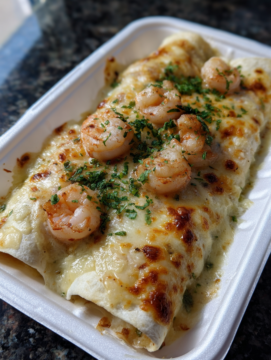 A white box with a shrimp and cheese burrito.