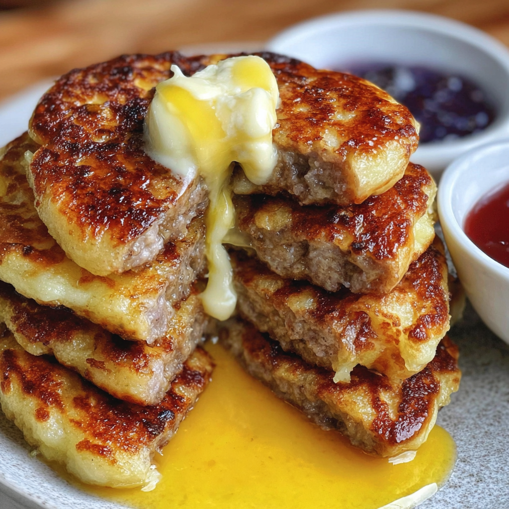 A stack of pancakes with butter and jelly.