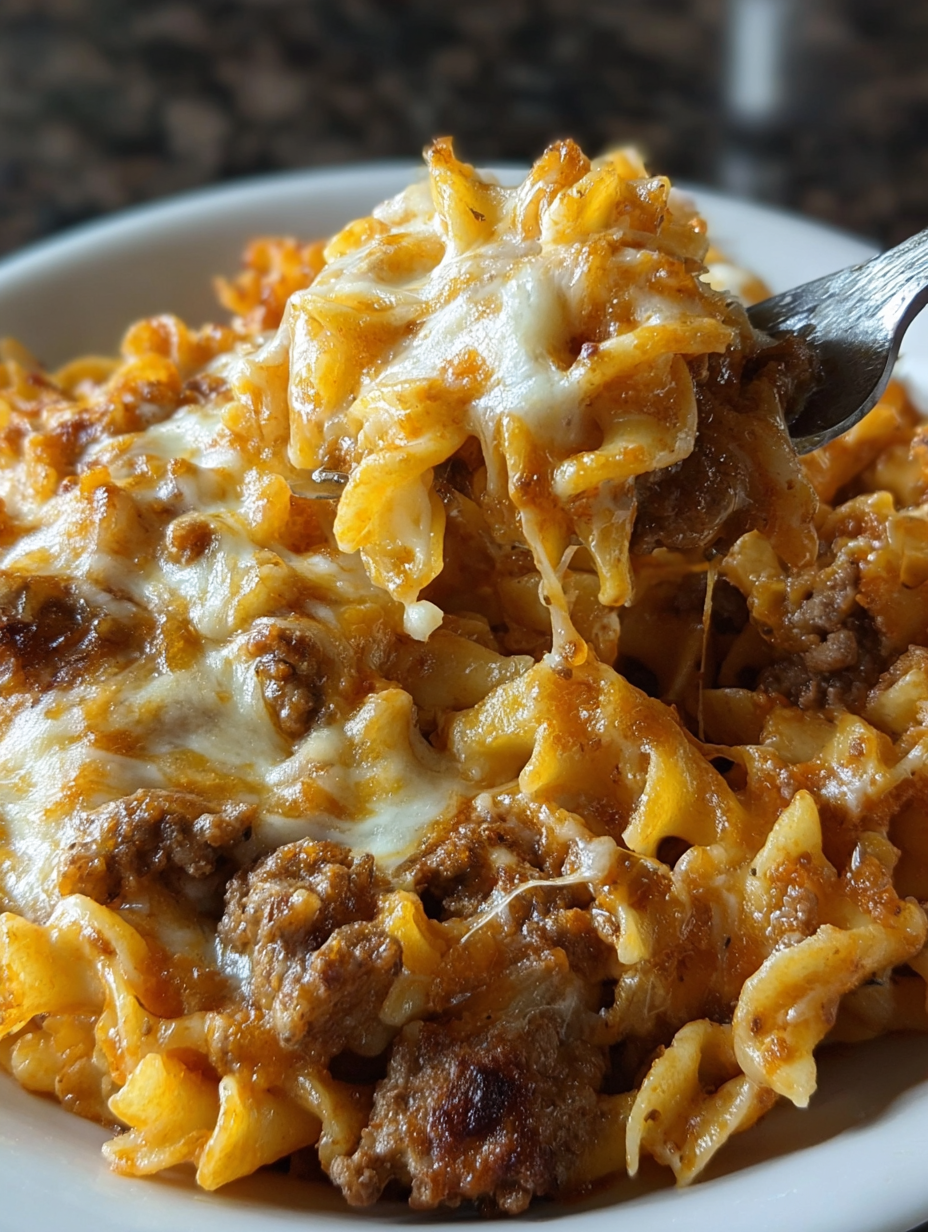 A plate of pasta with meat and cheese.