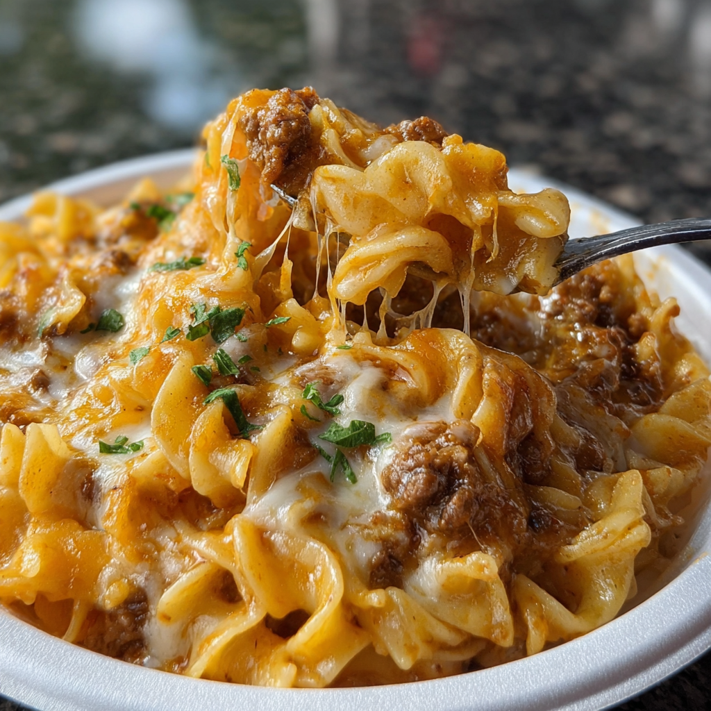 A plate of pasta with meat and cheese.