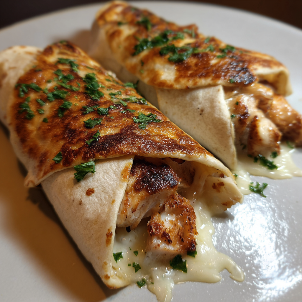A plate with two chicken wraps.