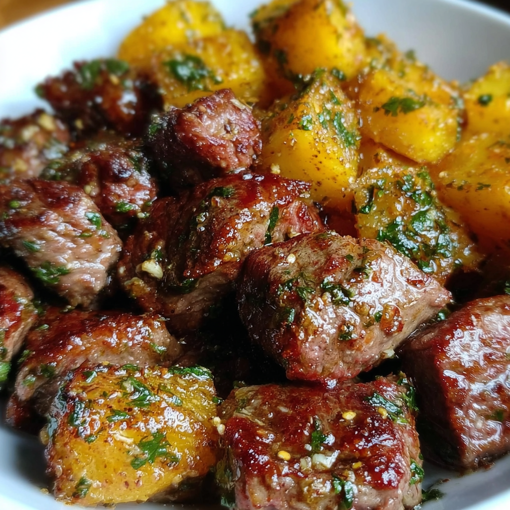 A bowl of meat and potatoes.
