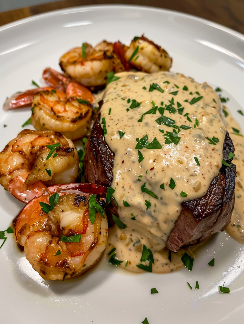 A plate of food with shrimp and a steak.