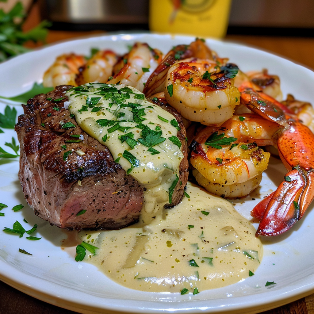 A plate of food with shrimp, steak, and sauce.