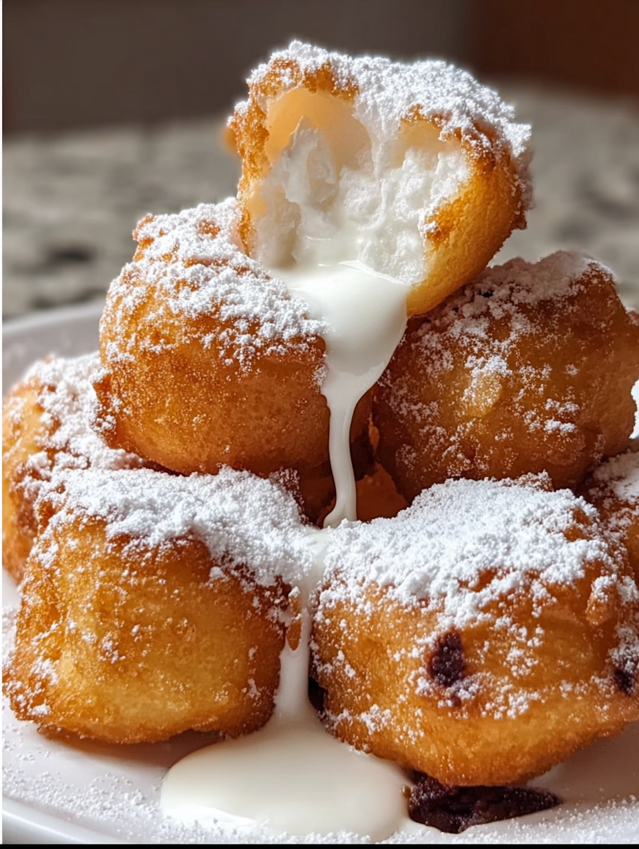 A stack of doughnuts with white powdered sugar and a dollop of whipped cream on top.