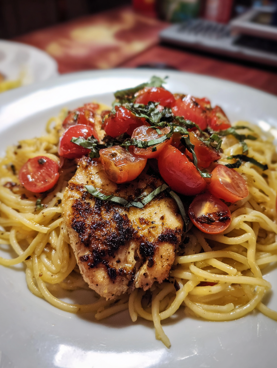 A plate of food with noodles, tomatoes, and chicken.