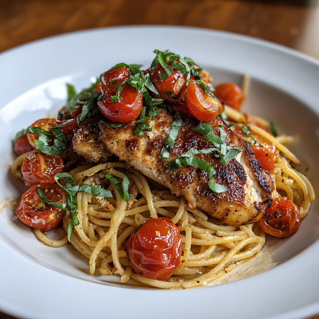A plate of food with chicken, tomatoes, and pasta.