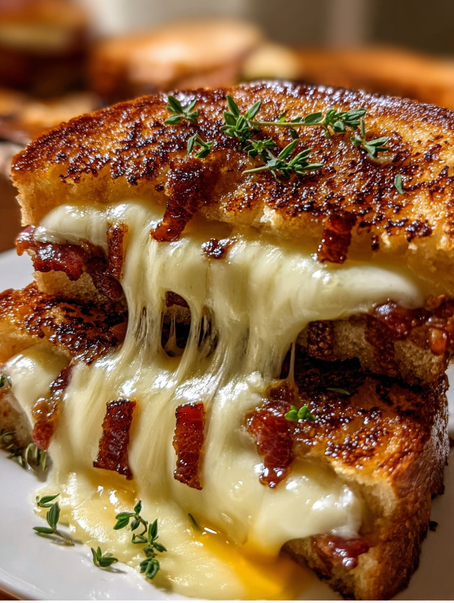 A slice of cheese and bacon sandwich.