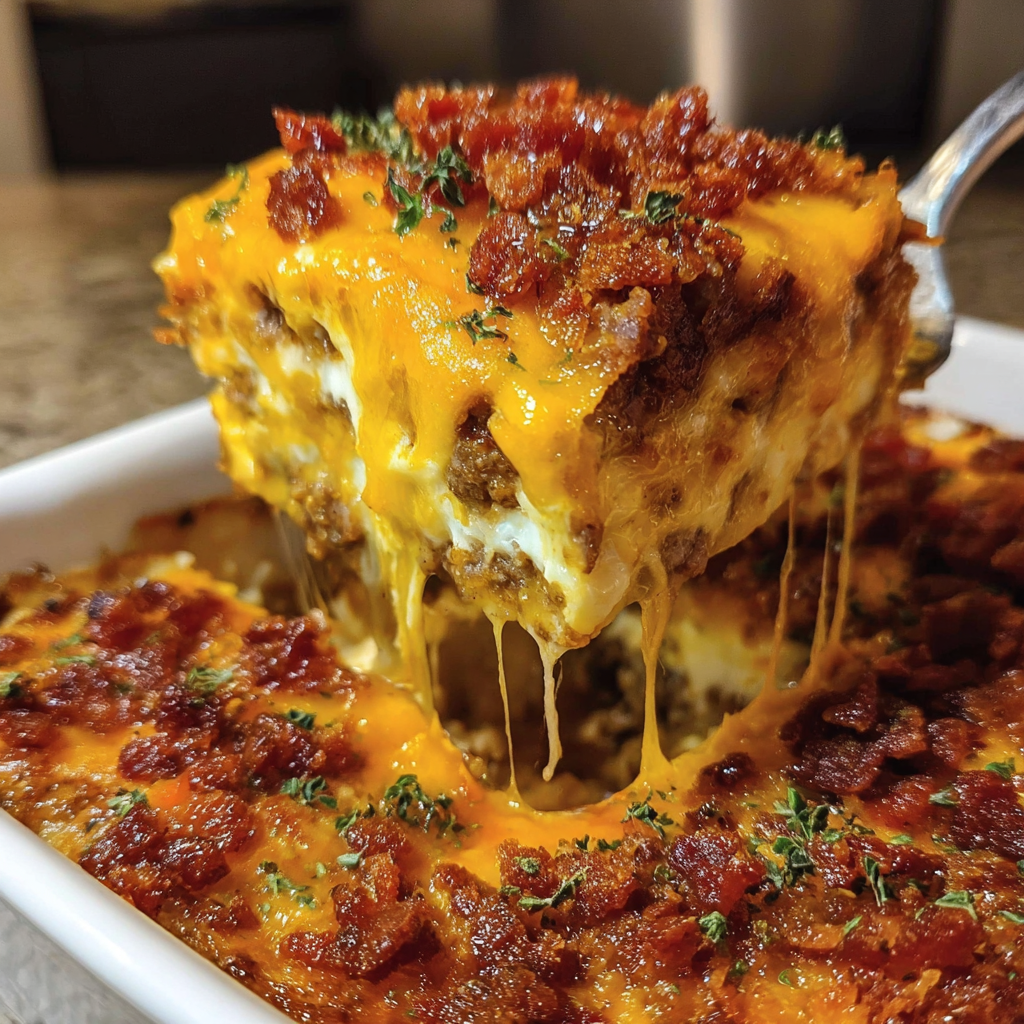 A close up of a casserole with cheese and bacon.