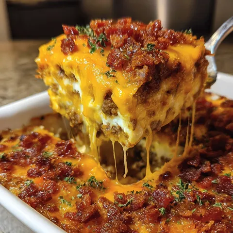 A close up of a casserole with cheese and bacon.