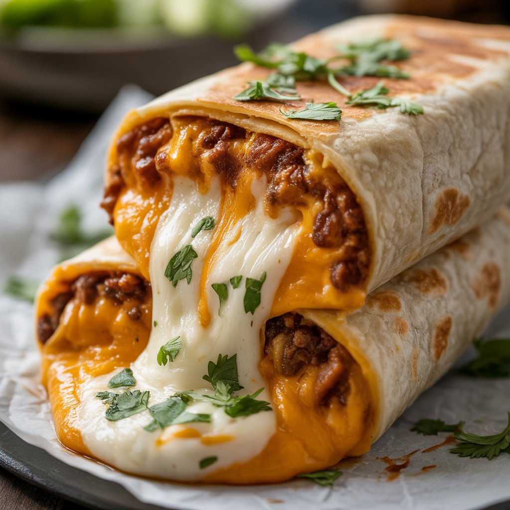 A burrito with cheese and meat on top.