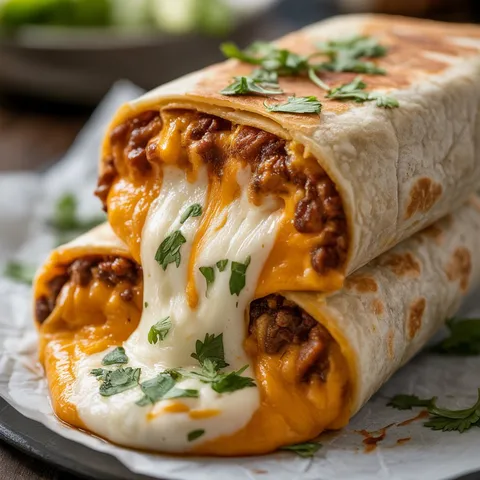 A burrito with cheese and meat on top.