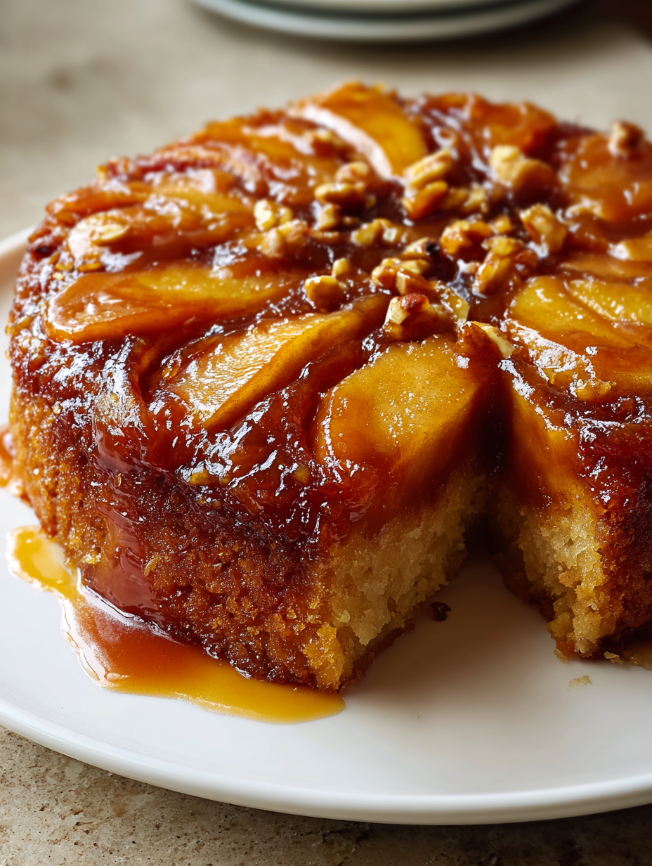 A slice of cake with a drizzle of caramel sauce.