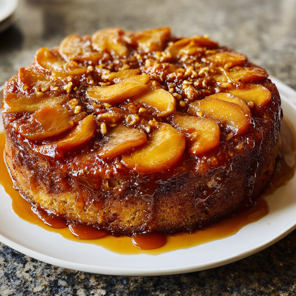 A cake with apples and nuts on a plate.