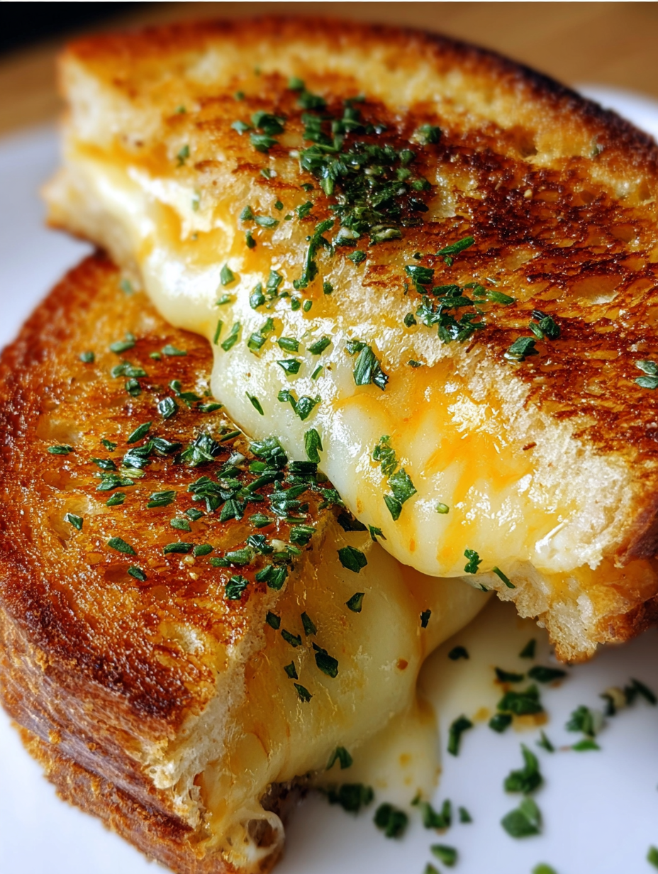 A piece of grilled cheese with herbs on top.