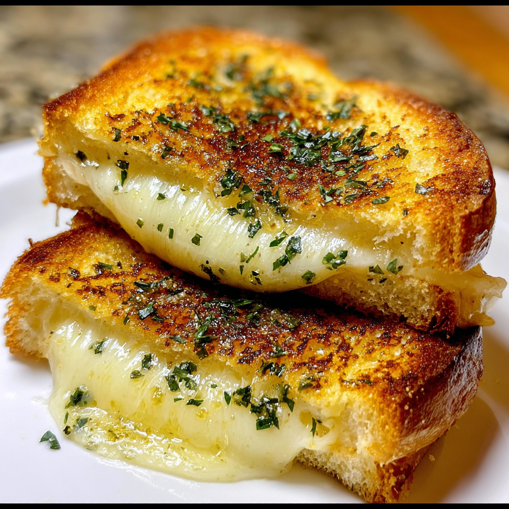 Two pieces of grilled cheese on a white plate.