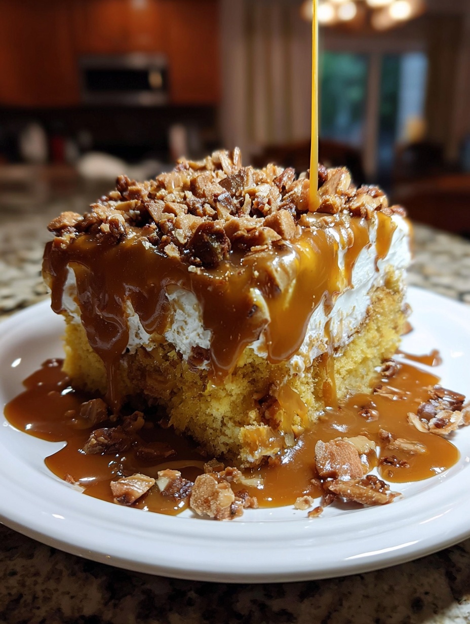 A slice of cake with caramel drizzled on top.