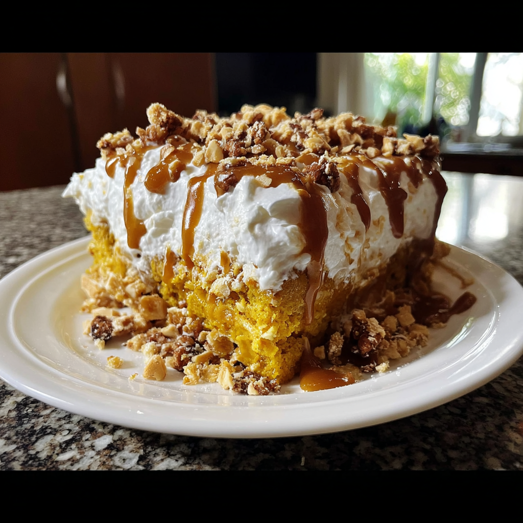 A slice of cake with white frosting and caramel drizzle.