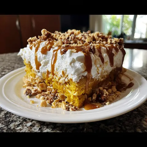 A slice of cake with white frosting and caramel drizzle.