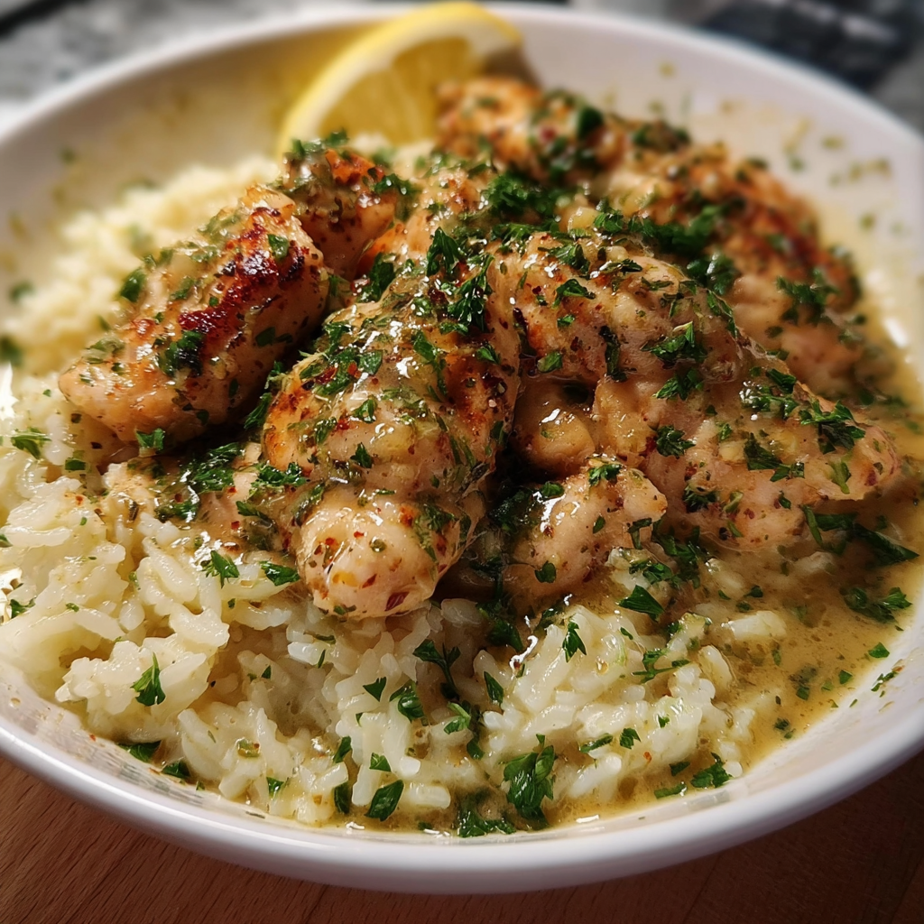 A bowl of rice with chicken and lemon.