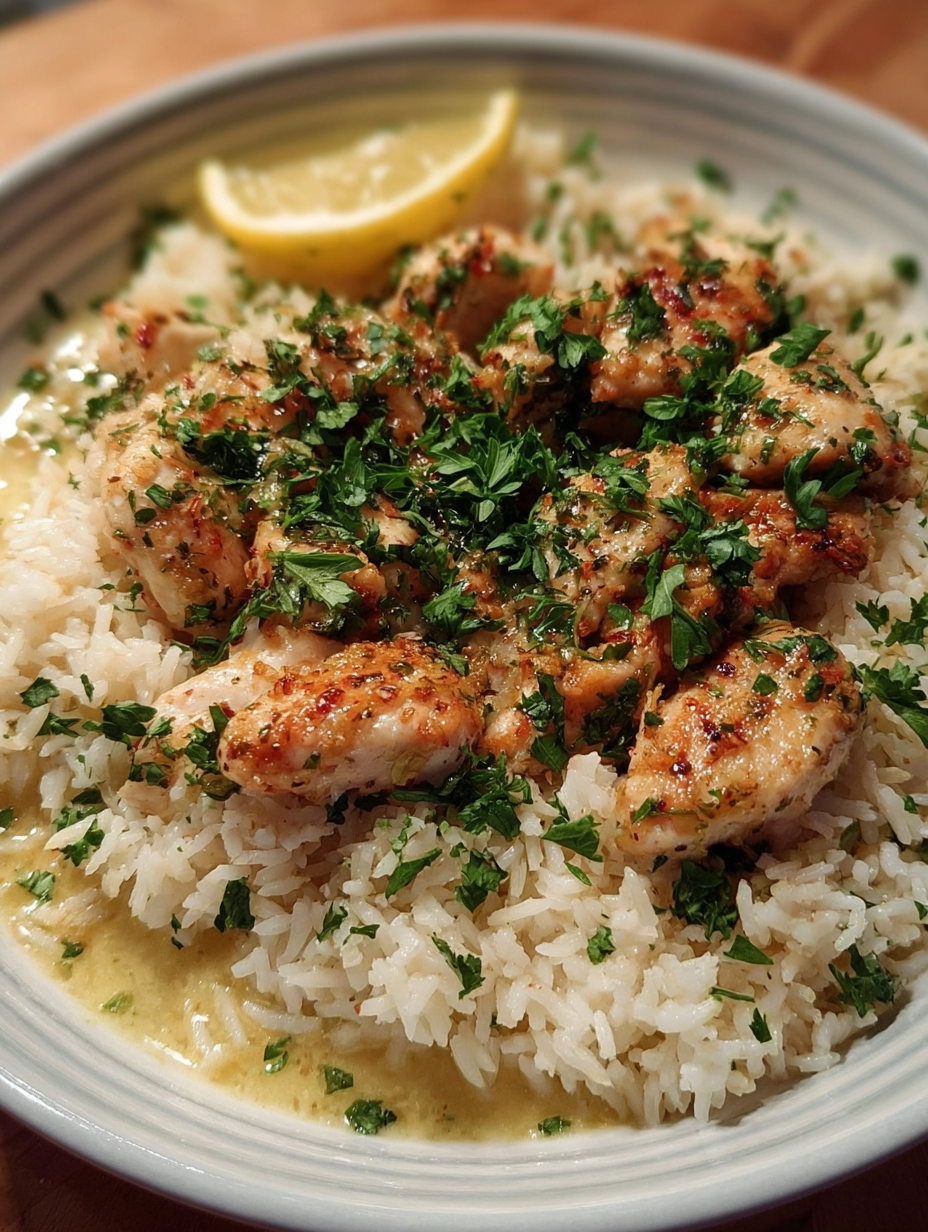 A bowl of rice with chicken and lemon.
