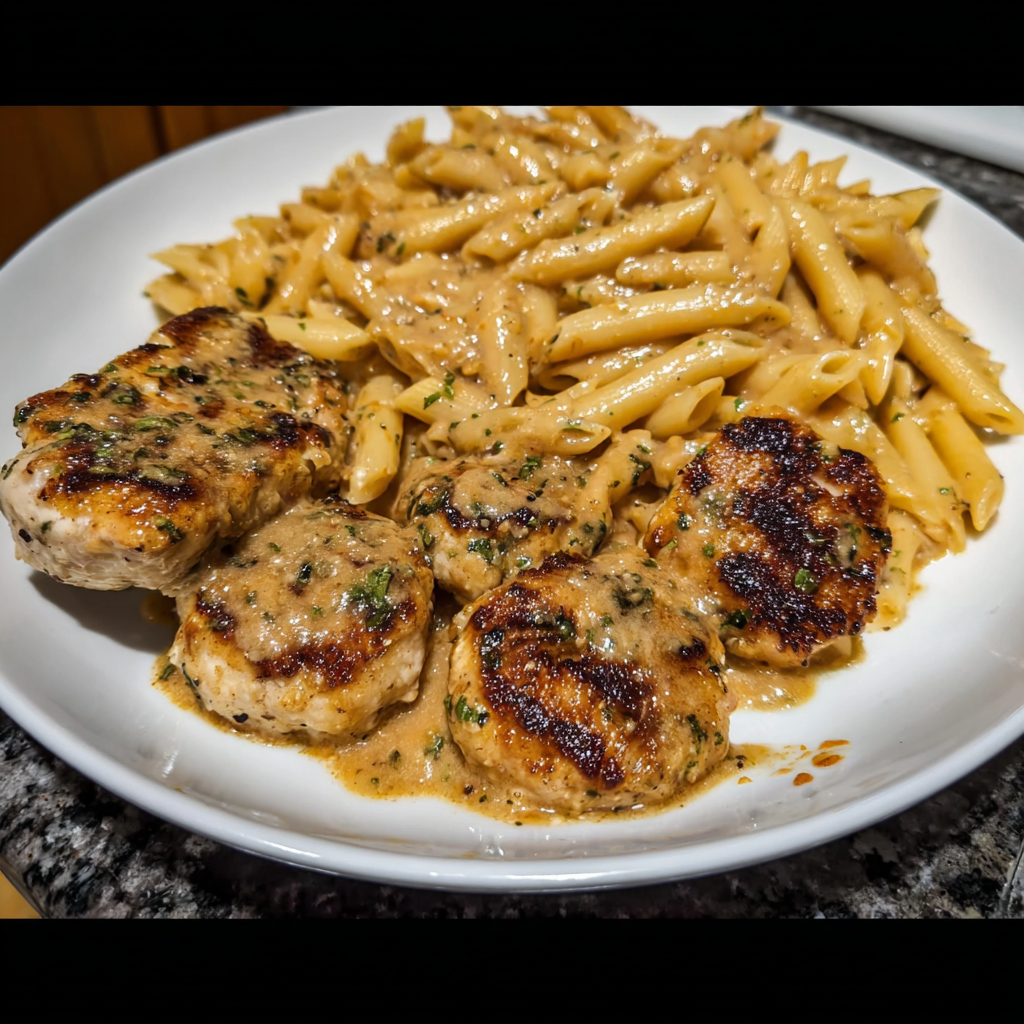 A plate of food with chicken and pasta.