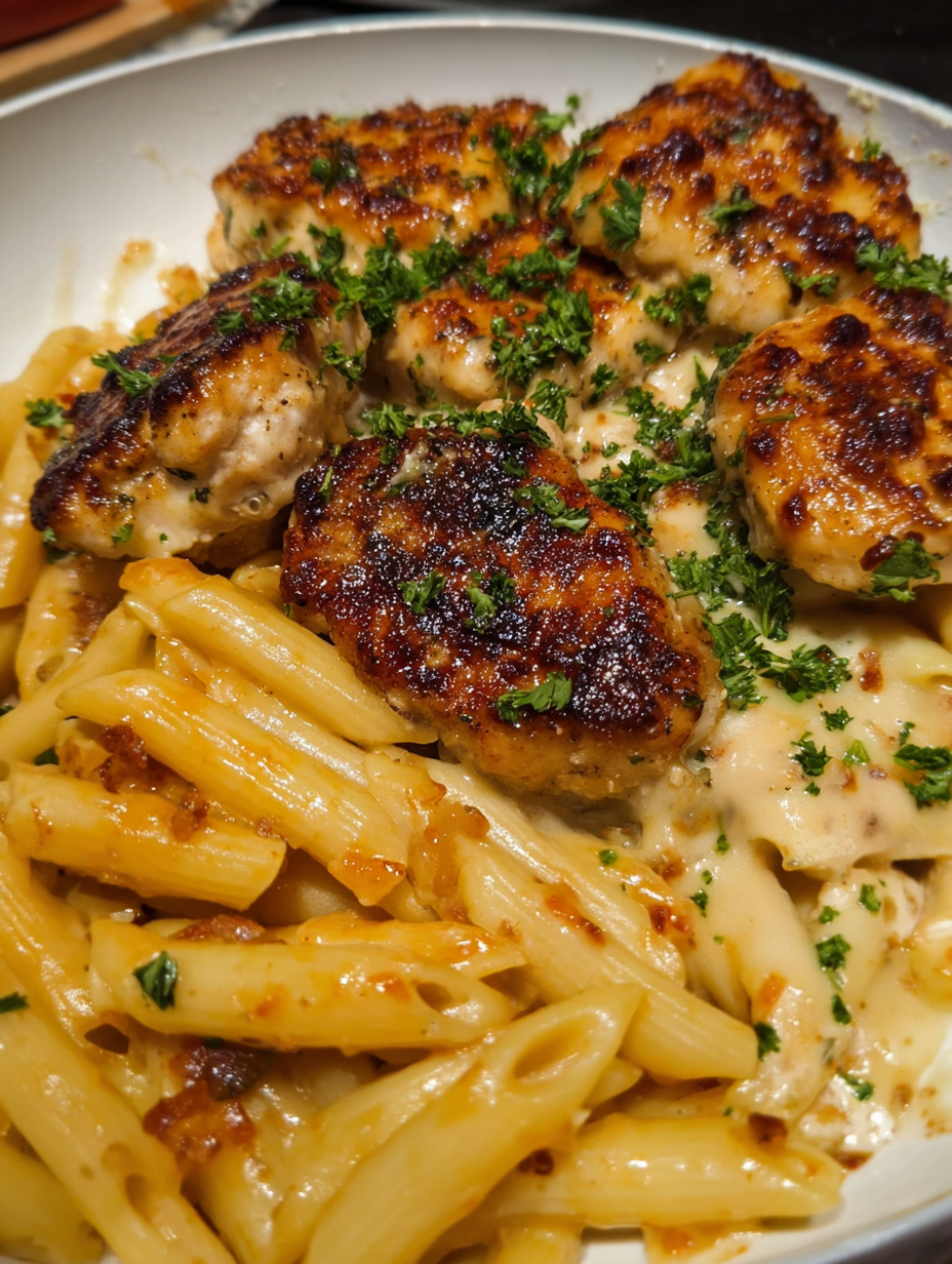 A plate of food with chicken, pasta, and green herbs.