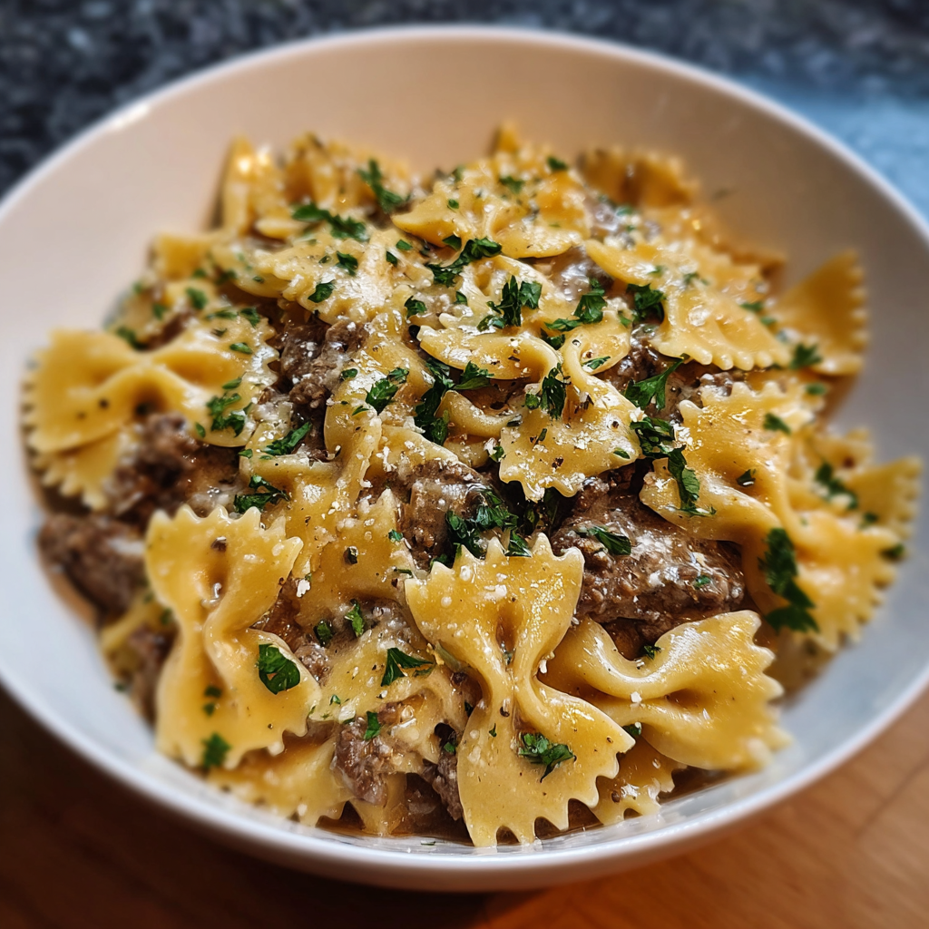 A bowl of pasta with meat and cheese.