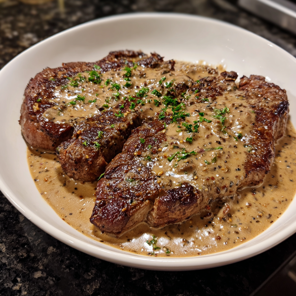 A white bowl with meat and gravy.