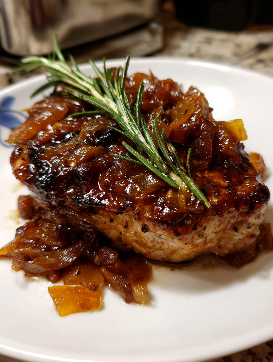 A plate of meat with onions and herbs on top.