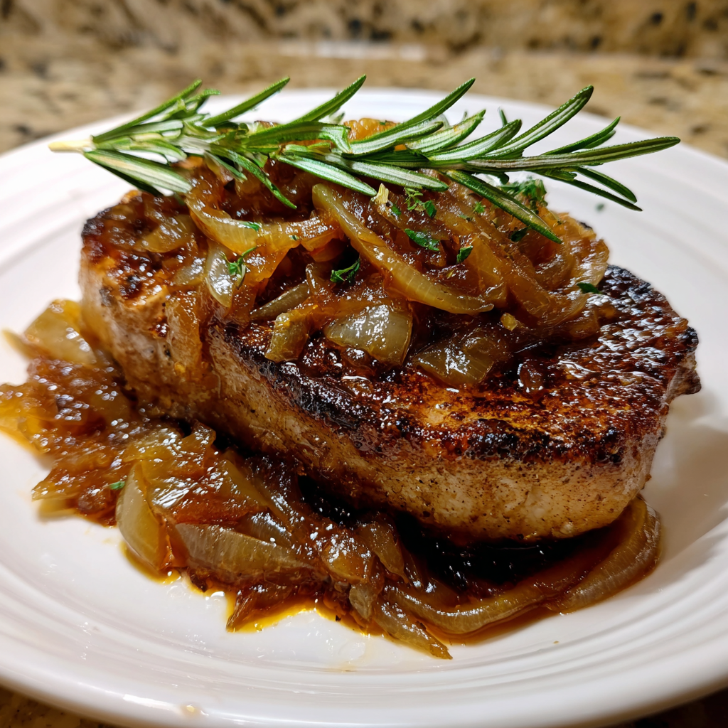 A plate of meat with onions on top.