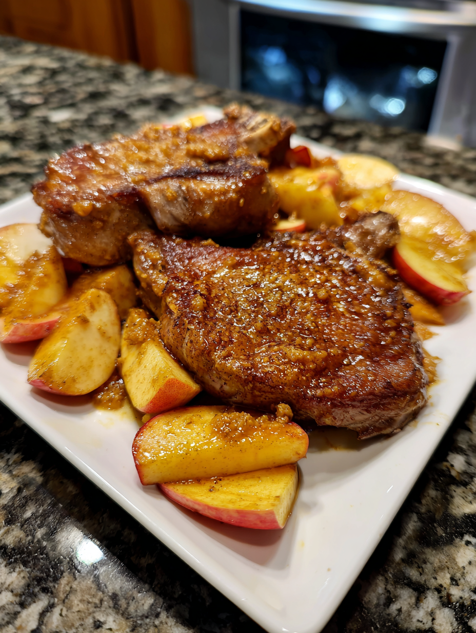 A plate of meat and apples.