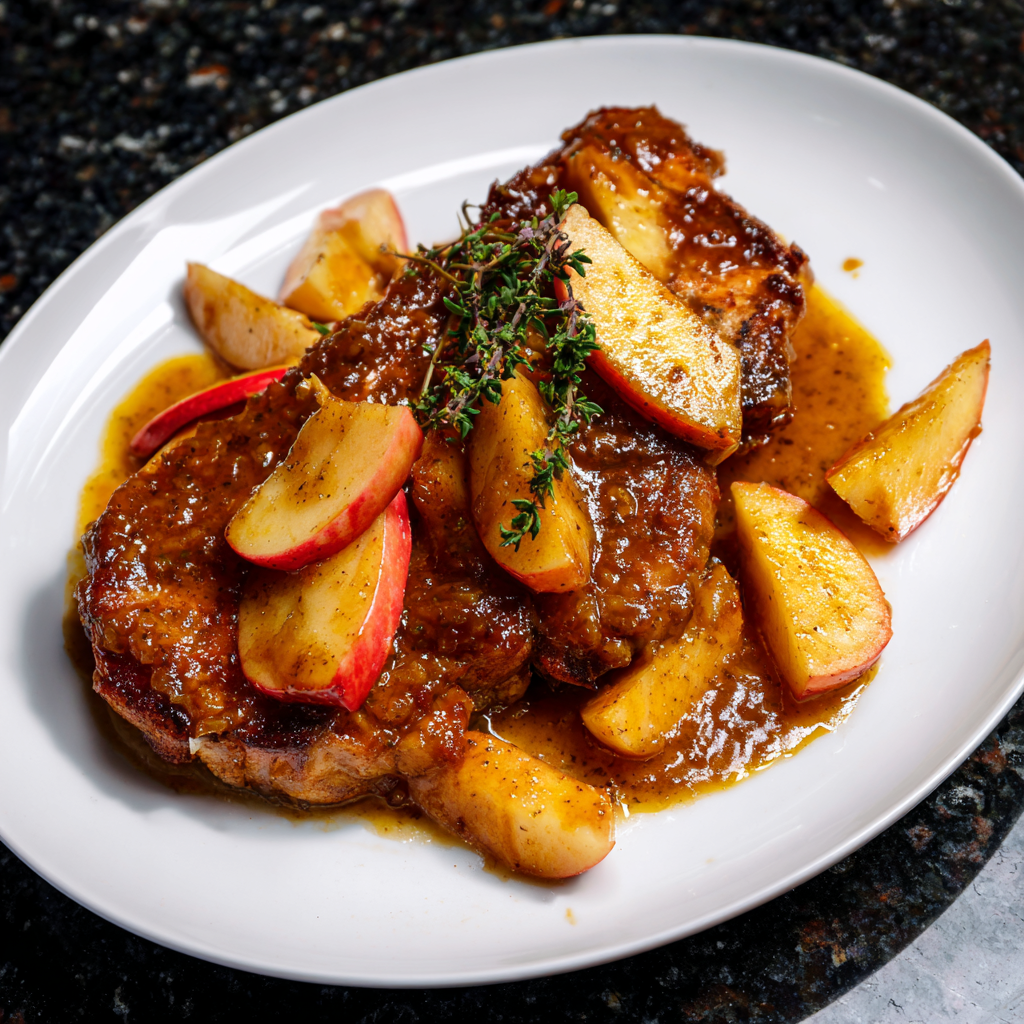 A plate of food with apples and meat.