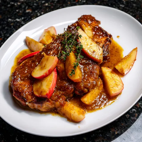 A plate of food with apples and meat.