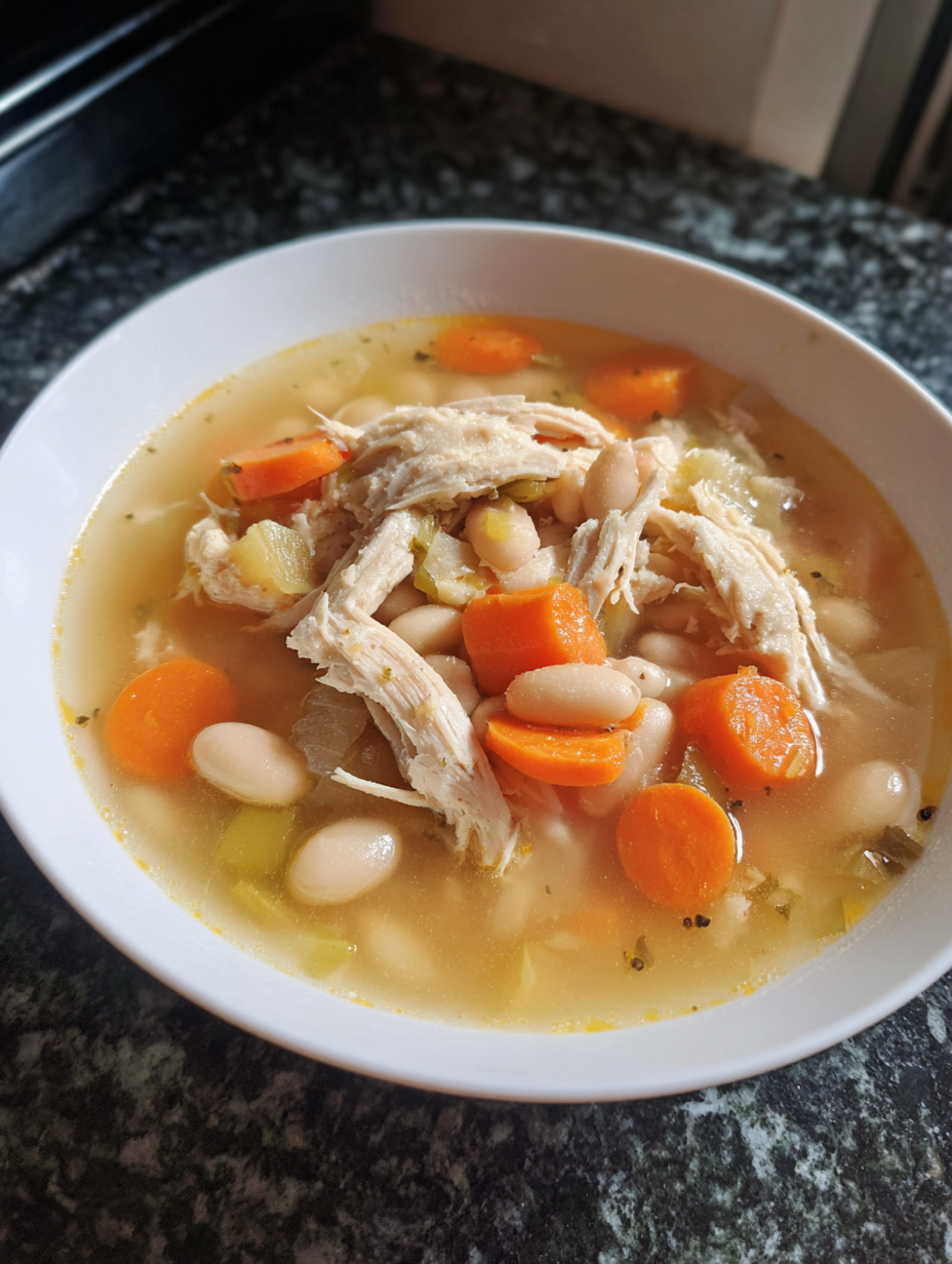 A bowl of soup with chicken and carrots.