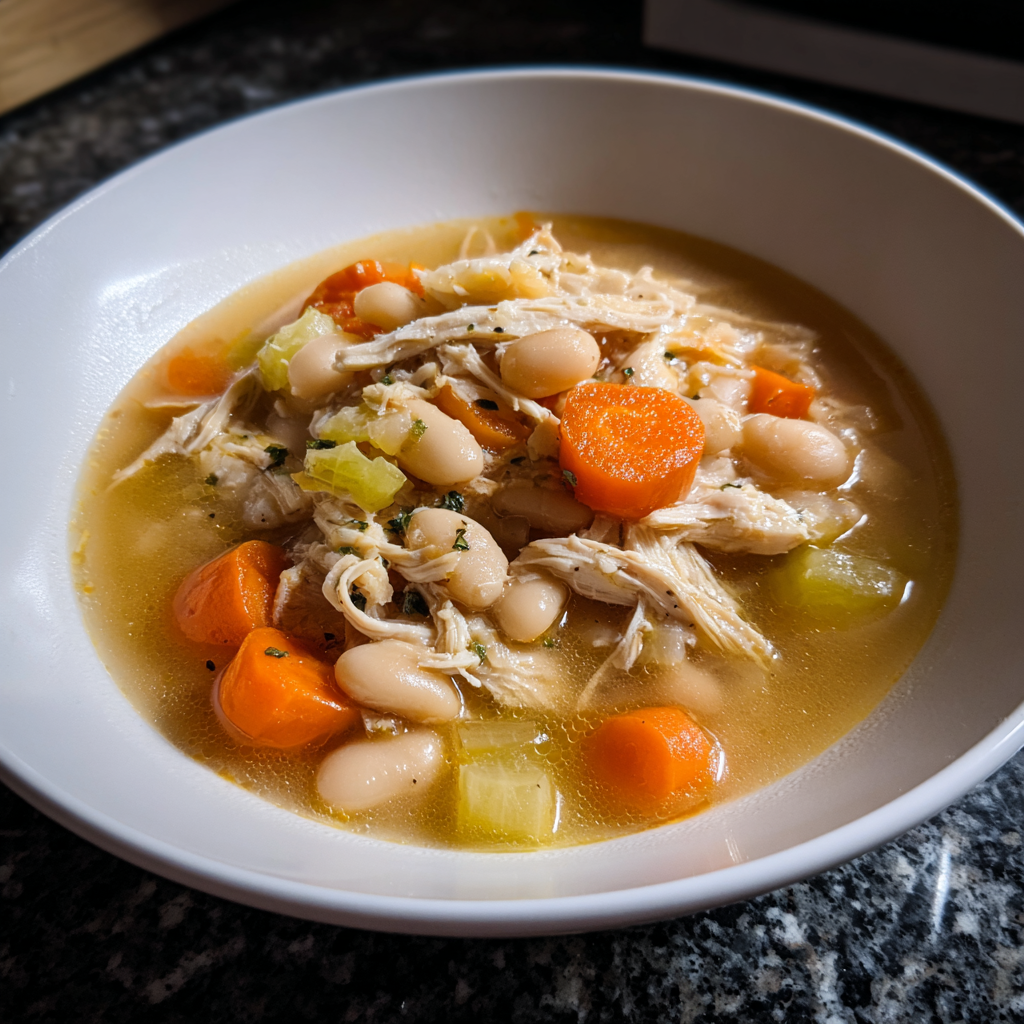 A bowl of soup with chicken, carrots, and beans.